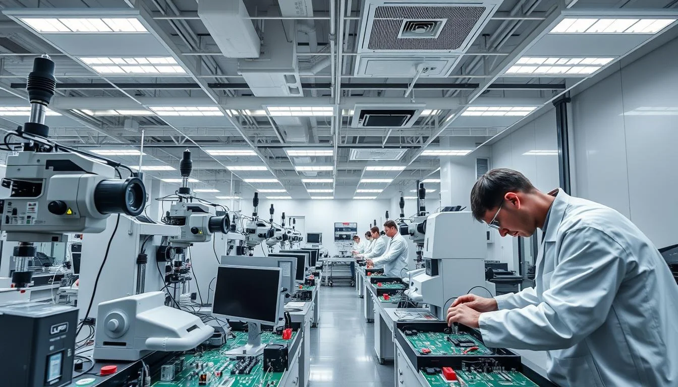 Prompt An industrial clean room with state-of-the-art PCB quality control systems by Informic Electronics. Bright overhead lighting casts an even glow across a series of high-precision testing stations. Technicians in white lab coats carefully inspect circuit boards, meticulously checking for defects using advanced optical and electrical measurement equipment. The scene conveys a sense of diligence, efficiency, and a commitment to quality assurance in the manufacture of cutting-edge electronic components.