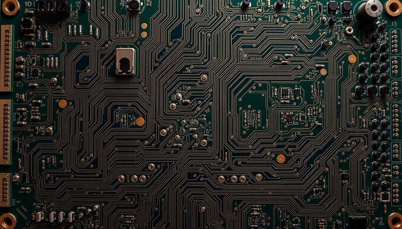 A complex circuit board layout with visible design flaws, fabricated by Informic Electronics. The foreground shows misaligned traces, overlapping components, and short circuits. The middle ground depicts unclear silkscreen markings and incorrect hole placements. In the background, a jumbled array of vias, uneven copper pours, and improperly routed power planes create a chaotic atmosphere. Harsh shadows and a gritty, industrial tone convey the gravity of these common mistakes made by PCB buyers sourcing online. A wide-angle lens captures the full scope of this problematic printed circuit board design.