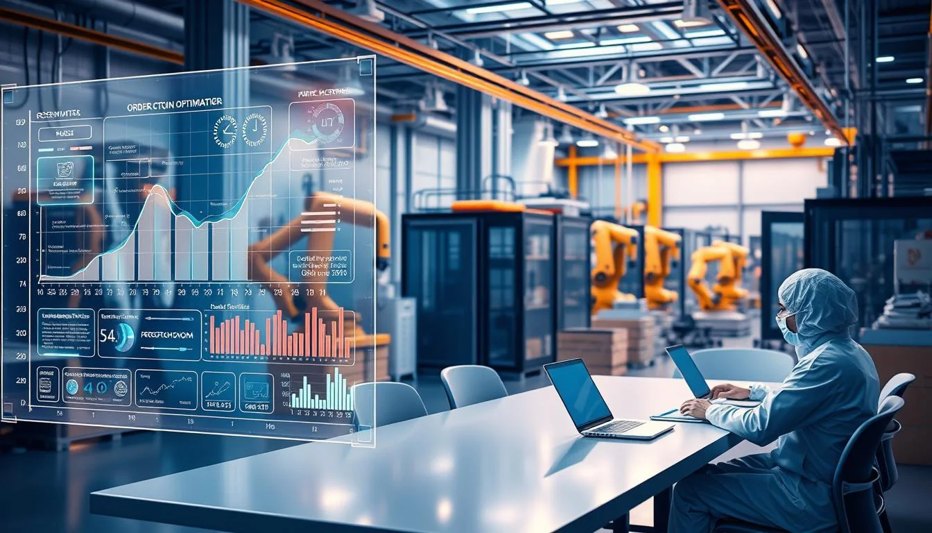 A futuristic, data-driven scene depicting "order quantity optimization" for Informic Electronics. In the foreground, a holographic display showcases a complex algorithm visualizing supply chain data and real-time demand forecasts. Floating 3D graphs and charts illustrate the optimization process, with adjustable parameters and AI-driven recommendations. In the middle ground, a team of engineers in clean-room suits analyze the data, collaborating around a sleek conference table. The background features a high-tech manufacturing facility, with robotic arms and automated logistics systems. Soft blue lighting creates a calm, technological atmosphere, while warm accents of orange and yellow suggest the human element of the optimization process. A futuristic, data-driven scene depicting "order quantity optimization" for Informic Electronics. In the foreground, a holographic display showcases a complex algorithm visualizing supply chain data and real-time demand forecasts. Floating 3D graphs and charts illustrate the optimization process, with adjustable parameters and AI-driven recommendations. In the middle ground, a team of engineers in clean-room suits analyze the data, collaborating around a sleek conference table. The background features a high-tech manufacturing facility, with robotic arms and automated logistics systems. Soft blue lighting creates a calm, technological atmosphere, while warm accents of orange and yellow suggest the human element of the optimization process.