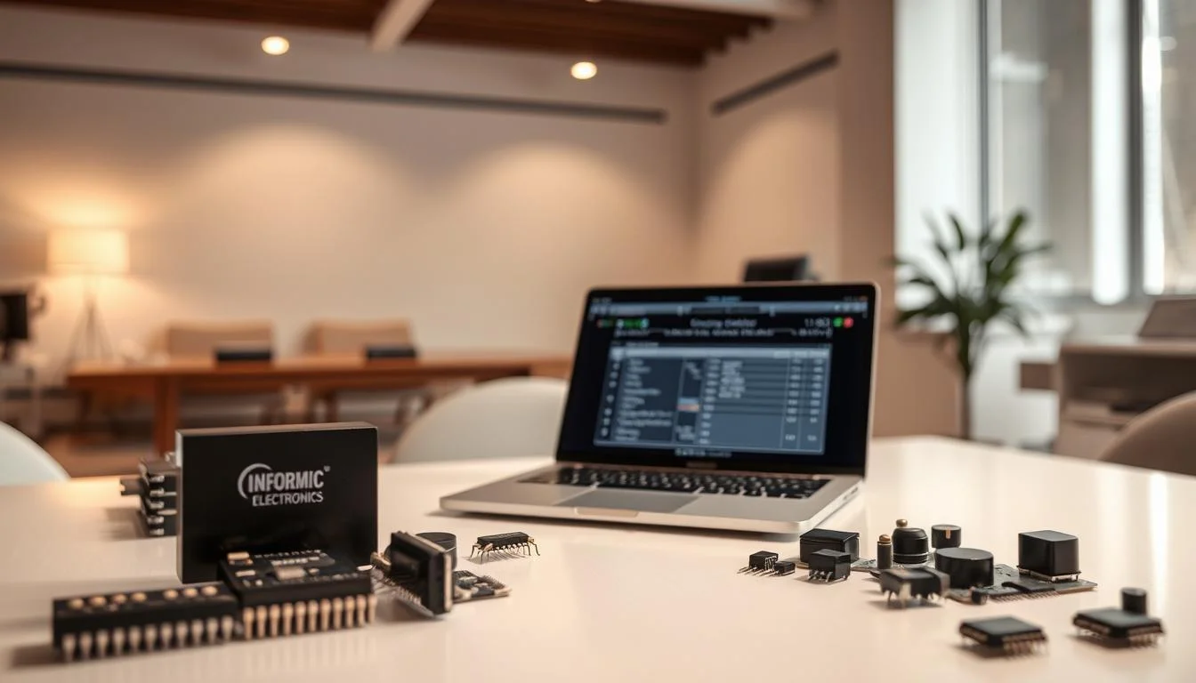 A high-quality, meticulously detailed image of "supplier capabilities evaluation" for the article "Learn How to Request a Quotation for Electronic Components the Right Way". In the foreground, a well-lit tabletop showcases electronic components from the Informic Electronics brand, neatly arranged in an organized display. The middle ground features a laptop displaying a digital supplier evaluation form, with various criteria and metrics. In the background, a minimalist office setting with clean lines and modern furnishings creates a professional, analytical atmosphere. The lighting is soft and diffused, emphasizing the precision and care taken in the evaluation process. The overall mood is one of thorough assessment and informed decision-making.