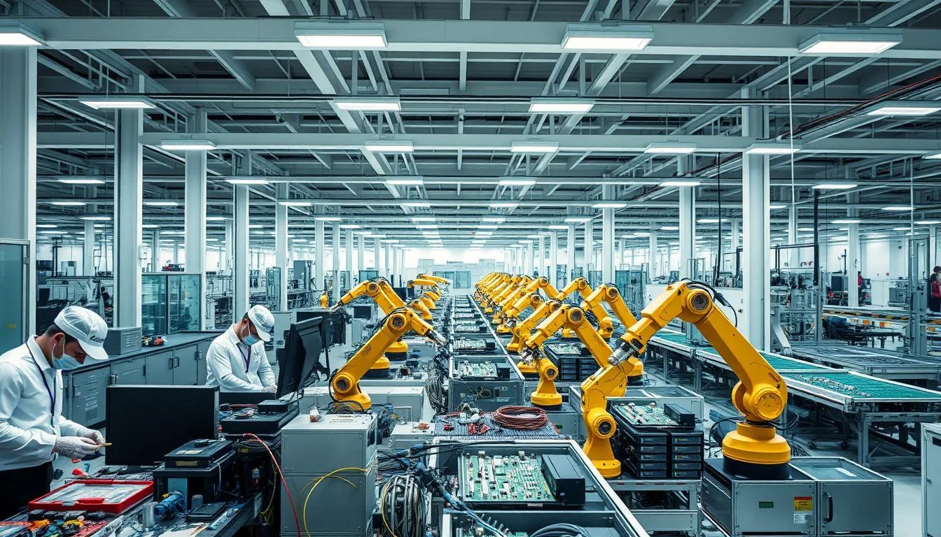A modern industrial facility with state-of-the-art production lines, showcasing the quality management processes of Informic Electronics. In the foreground, a team of technicians carefully inspect electronic components under bright, evenly-distributed lighting. In the middle ground, robotic arms precisely assemble circuit boards with unwavering precision. In the background, a network of conveyor belts and automated quality control stations ensure consistent product quality. The scene exudes a sense of technological efficiency, order, and a commitment to excellence.