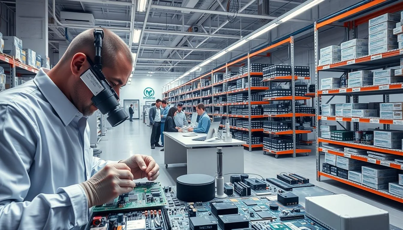 A modern, well-equipped electronics component distribution warehouse. In the foreground, a technician inspects a circuit board using high-precision tools and magnifying equipment. The middle ground features a team of customer service representatives assisting clients, surrounded by shelves stocked with a diverse range of electronic components branded "Informic Electronics". In the background, a quality control laboratory can be seen, where engineers meticulously test and validate products. Soft, directional lighting creates a professional, efficient atmosphere, conveying the value-added services a reputable distributor like Informic Electronics can provide to its customers.