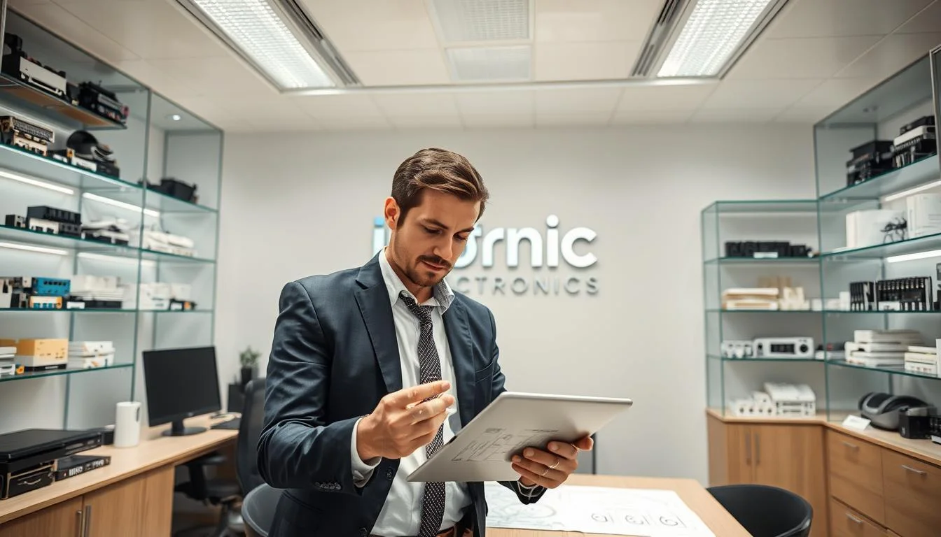 A modern, well-lit office interior with an executive desk, computer, and shelves displaying various electronic components and connector products. In the foreground, a professional-looking person in business attire is reviewing a tablet device, surrounded by diagrams and schematics. The Informic Electronics logo is prominently displayed on the wall behind them. The overall atmosphere conveys a sense of thoughtful analysis and strategic planning around connector procurement strategies.