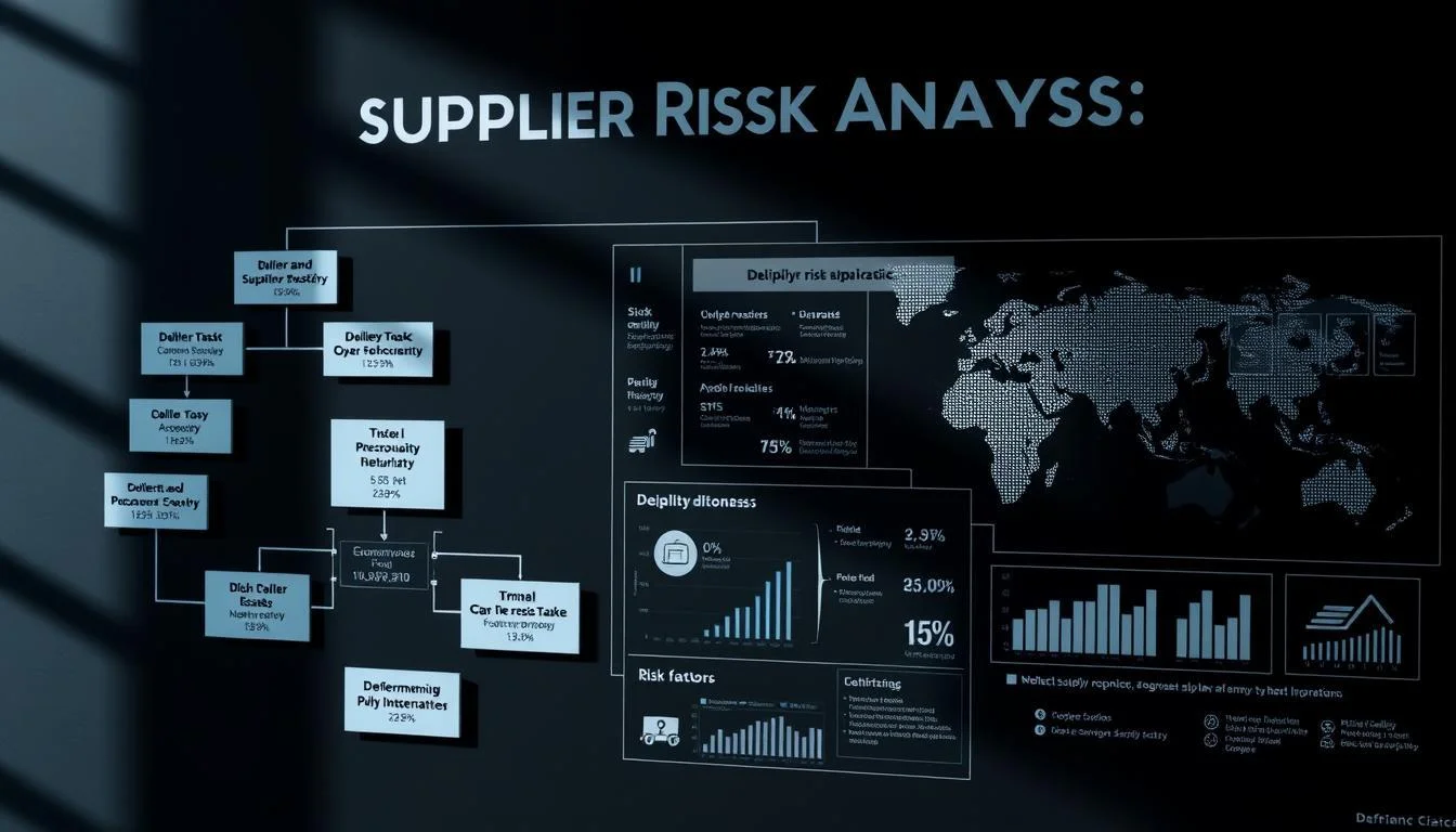 A sophisticated, technical diagram depicting a "Supplier Risk Analysis" for Informic Electronics. The foreground shows a flow chart with interconnected nodes representing various risk factors such as delivery delays, quality issues, and financial instability. The middle ground features detailed data visualizations highlighting key performance metrics and trends. The background subtly conveys a sense of global interconnectedness, with geographical maps and icons symbolizing international supply chains. The lighting is dramatic, with strategic use of shadows and highlights to create depth and emphasize the analytical nature of the subject matter. The overall mood is one of careful assessment and strategic decision-making.