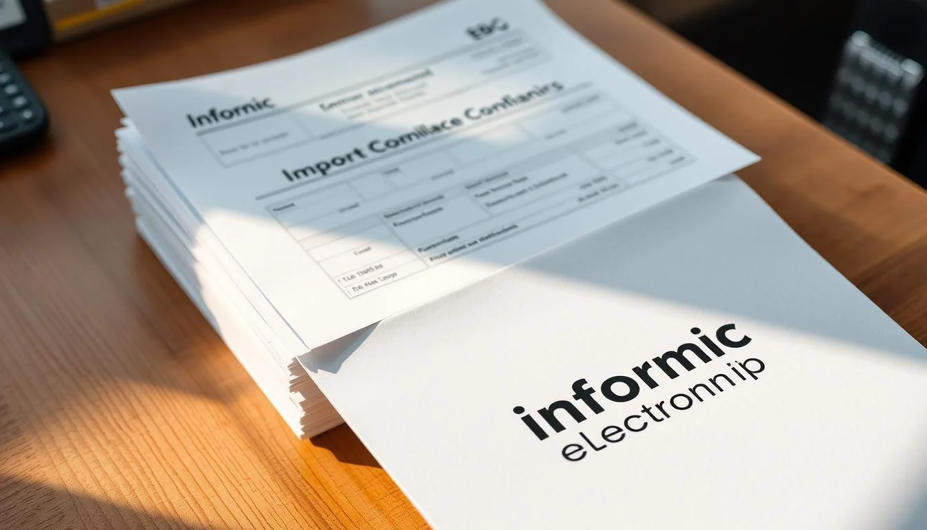 A well-organized stack of import compliance documentation sits atop a wooden desk, illuminated by warm, natural lighting. The documents include shipping manifests, customs declarations, and a prominent "Informic Electronics" logo on the cover page. The scene conveys a sense of professional attention to detail and regulatory compliance, reflecting the importance of proper documentation in the import process.