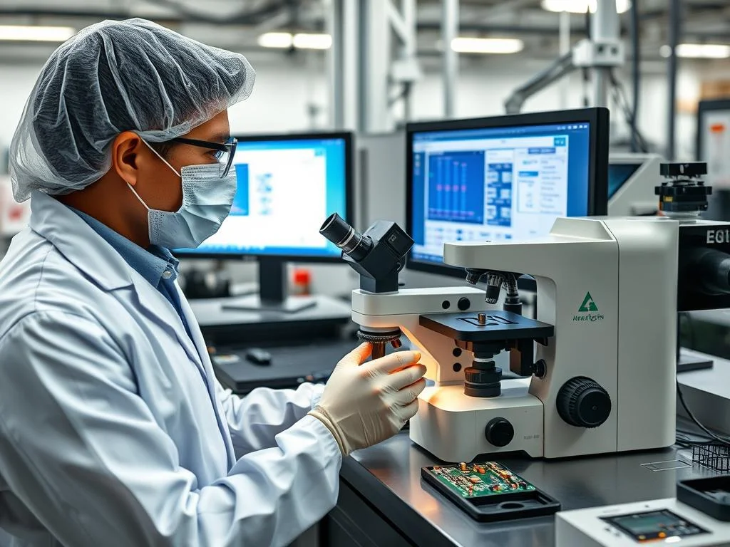 Quality control specialist verifying electronic component authenticity in PCB manufacturing facility