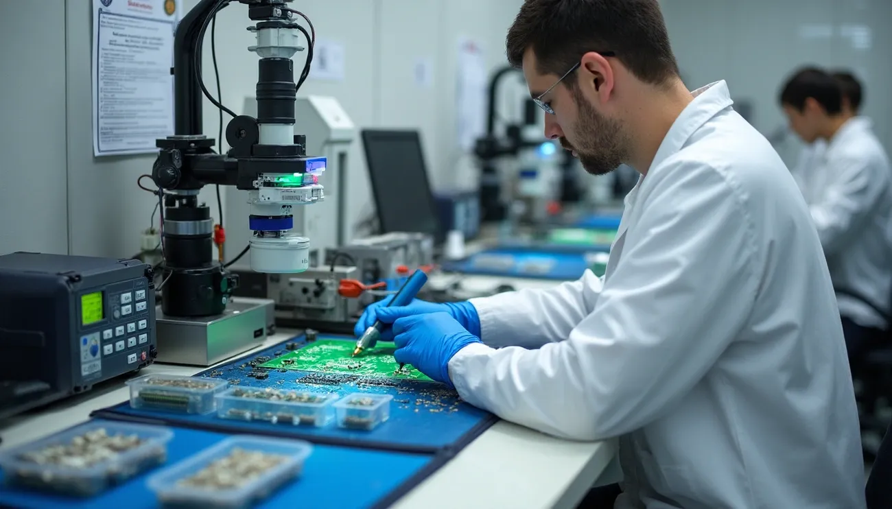 Technician in lab coat and gloves inspecting and soldering electronic circuit boards with testing equipment nearby.