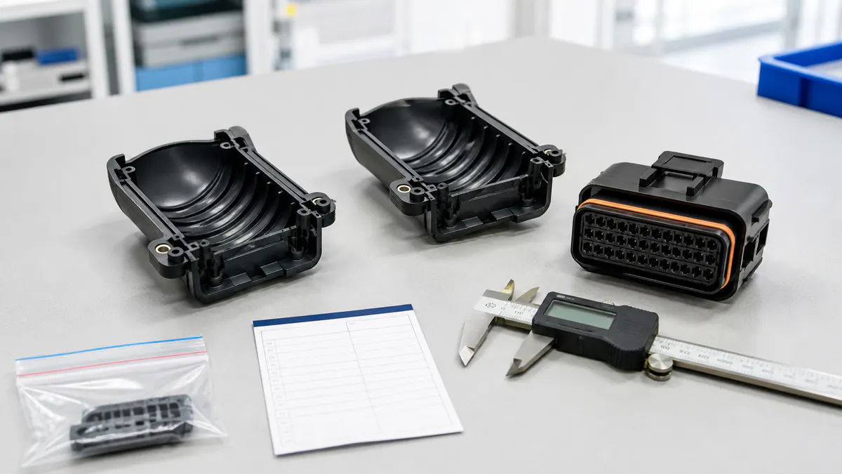 Bright generic engineering bench illustrating mechanical fit validation for an automotive connector backshell change
