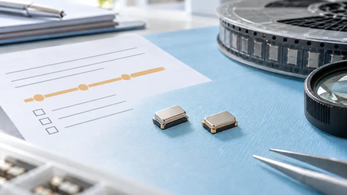Generic surface-mount oscillators beside a lifecycle review and component reel